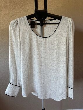 LOFT White Microdot Long-Sleeve Blouse with Black Piping